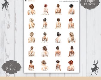 Bride Back View Sticker Sheet, 20 Wedding Weatherproof Stickers, 3 Sizes, 2 Paper Choices, Option to Laminate