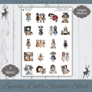 May include: A sticker sheet featuring various illustrations of spooky dolls with large eyes and pale skin. The sheet includes text reading Long Lake Designs, Spooky Dolls, and the website address. The dolls are depicted in different outfits, poses, and settings, including some inside boxes or on shelves.