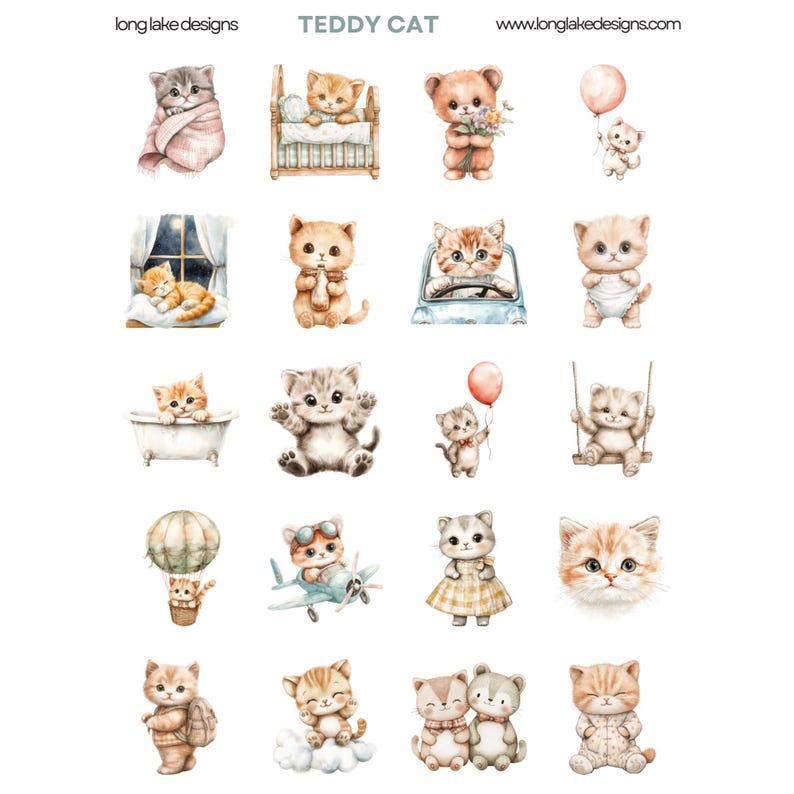 Teddy Cat Sticker Sheet, Adorable Weatherproof Vinyl Decal Set, Perfect ...