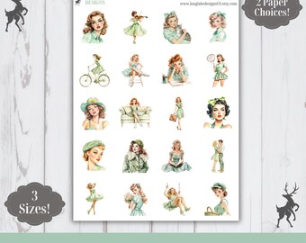 Green Pin Up Girl Sticker Sheet, 20 People Weatherproof Stickers, 3 Sizes, 2 Paper Choices, Option to Laminate