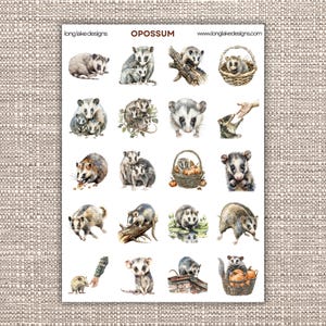 Feuille d'autocollants pour opossum, autocollants en vinyle imperméables mignons pour agendas, scrapbooking et cadeaux, cadeau unique pour les amoureux des animaux
