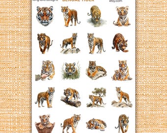 Bengal Tiger Sticker Sheet, 20 Animal Laminated Weatherproof Stickers
