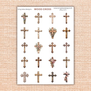 May include: A sheet of wood cross stickers in various designs. Some crosses are plain, while others feature floral arrangements. The text "WOOD CROSS" and "long lake designs" are visible. The website address www.longlakedesignsUS.etsy.com is also displayed.