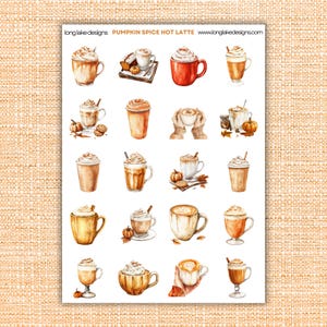 Pumpkin Spice Hot Latte Sticker Sheet, Waterproof Vinyl 20 Cozy Coffee Stickers for Fall Planners & Autumn Lover Gifts