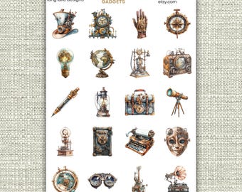 Steampunk Gadgets Sticker Sheet, Durable Laminated Weatherproof , Perfect for Planners, Journals and Scrapbooking, Steampunk Lover Gift
