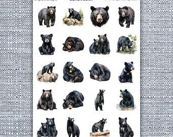 Black Bear Sticker Sheet, Waterproof Laminated 20-Piece Set for Journals and Crafts, Unique Animal Lover Gift