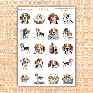 May include: A sheet of stickers featuring watercolor illustrations of Beagle dogs in various poses. The stickers include images of the dogs' heads, full body shots, and dogs with accessories. The text "BEAGLE" is printed at the top.