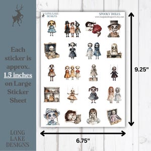 May include: A sticker sheet titled Spooky Dolls featuring various illustrations of dolls in dresses and hats. The sheet measures 23.5 cm by 17.1 cm, with each individual sticker measuring approximately 3.8 cm. The designs include dolls in boxes, on shelves, and marionettes.