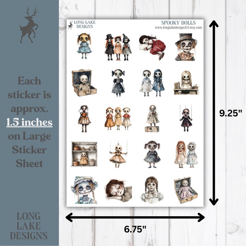 May include: A sticker sheet titled Spooky Dolls featuring various illustrations of dolls in dresses and hats. The sheet measures 23.5 cm by 17.1 cm, with each individual sticker measuring approximately 3.8 cm. The designs include dolls in boxes, on shelves, and marionettes.