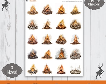 Camp Fire Sticker Sheet, 20 Camping Weatherproof Stickers, 3 Sizes, 2 Paper Choices, Option to Laminate