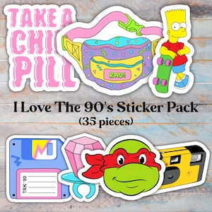 I Love The 90's Sticker Pack, 35 Retro Laminated Weatherproof Stickers, 1-3 inches