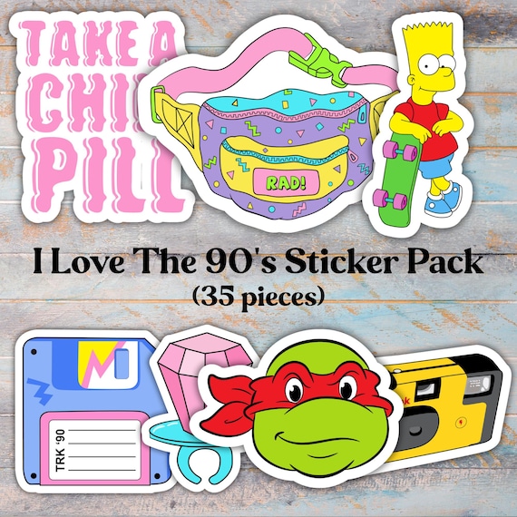 I Love The 90's Sticker Pack, 35 Retro Laminated Weatherproof Stickers, 1-3 inches