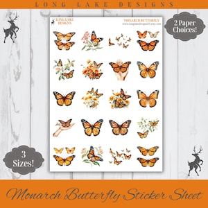 Monarch Butterfly Sticker Sheet, 20 Insect Weatherproof Stickers, 3 Sizes, 2 Paper Choices, Option to Laminate