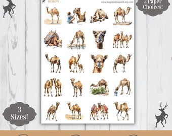 Camel Sticker Sheet, 20 Animal Weatherproof Stickers, 3 Sizes, 2 Paper Choices, Option to Laminate