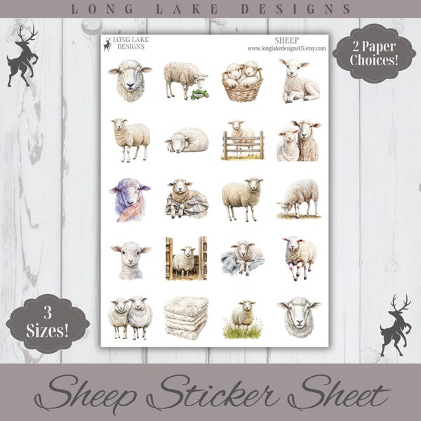 Sheep Sticker Sheet, 20 Animal Weatherproof Stickers, 3 Sizes, 2 Paper Choices, Option to Laminate
