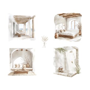 May include: Four watercolor illustrations of different rooms in a minimalist, modern home. The first image shows a covered patio with white curtains and a view of the ocean. The second image shows a bedroom with a wooden bed frame and white bedding. The third image shows a living room with a couch and a coffee table. The fourth image shows a bathroom with a shower and a stool.