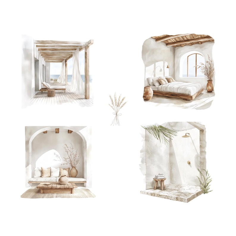 May include: Four watercolor illustrations of different rooms in a minimalist, modern home. The first image shows a covered patio with white curtains and a view of the ocean. The second image shows a bedroom with a wooden bed frame and white bedding. The third image shows a living room with a couch and a coffee table. The fourth image shows a bathroom with a shower and a stool.