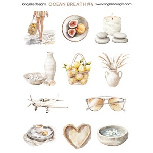 May include: A collection of watercolor illustrations featuring a variety of objects, including a basket of lemons, a vase of wheat, a pair of sunglasses, a heart-shaped piece of wood, a bowl of water with flowers, a small airplane, a plate of figs and a peach, a candle with stones, a vase, a bowl of eggs, and a tray with a cup of coffee and cookies. The illustrations are in a light, airy style and feature a muted color palette of beige, white, and yellow.