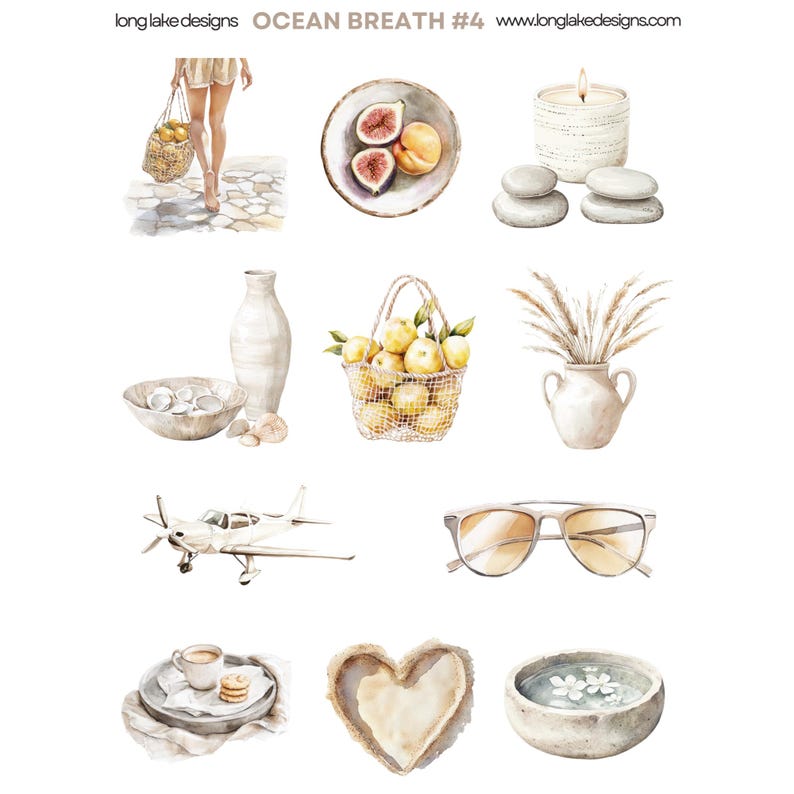 May include: A collection of watercolor illustrations featuring a variety of objects, including a basket of lemons, a vase of wheat, a pair of sunglasses, a heart-shaped piece of wood, a bowl of water with flowers, a small airplane, a plate of figs and a peach, a candle with stones, a vase, a bowl of eggs, and a tray with a cup of coffee and cookies. The illustrations are in a light, airy style and feature a muted color palette of beige, white, and yellow.