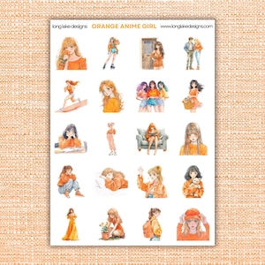 Orange Anime Girl Sticker Sheet, Waterproof Vinyl Durable Stickers for Scrapbooking, Journals & Laptops, Cute Anime Gifts for Teens