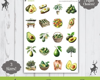 Avocado Sticker Sheet, 20 Food Weatherproof Stickers, 3 Sizes, 2 Paper Choices, Option to Laminate