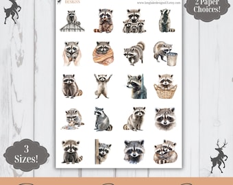 Raccoon Sticker Sheet, 20 Animal Weatherproof Stickers, 3 Sizes, 2 Paper Choices, Option to Laminate
