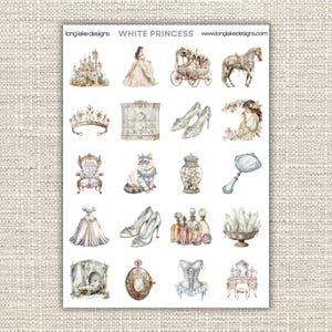 White Princess Sticker Sheet, Durable Laminated Vinyl Waterproof Stickers for Crafts, Journals & Gifts, Perfect Birthday or Party Favor Gift