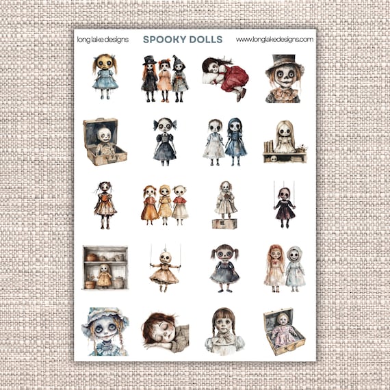 Spooky Dolls Sticker Sheet, Laminated  20 Charming Creepy Stickers for Planners, Crafts & Spooky Season Gifts