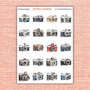 Hoja de pegatinas de cámara retro, vinilo resistente e impermeable, ideal para diarios y álbumes de recortes, regalo de fotografía.
