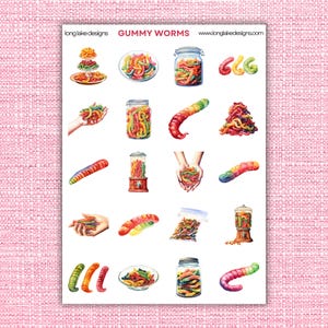 Stickervel Gummy Worms Candy, levendige gelamineerde vinylstickers, ideaal voor knutselen, cadeaus en uitrusting, zoete traktatie voor stickerfans