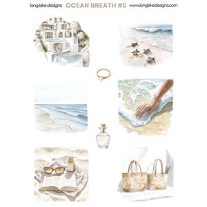 May include: A digital collage of watercolor illustrations featuring a white building with a pool, a beach scene with sea turtles, a hand reaching into the ocean waves, a bottle of perfume, a book with sunglasses on top, and two woven tote bags.