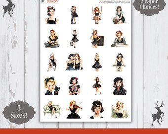 Black Pin Up Girl Sticker Sheet, 20 People Weatherproof Stickers, 3 Sizes, 2 Paper Choices, Option to Laminate