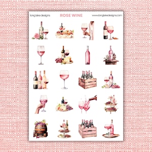 May include: A sheet of stickers featuring watercolor illustrations of rose wine. The images include wine bottles, glasses, grapes, cheese, and wooden crates. The text "ROSE WINE" is displayed at the top.