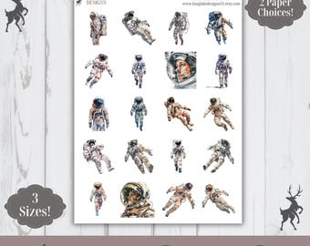 Astronaut Sticker Sheet, 20 Space Themed Weatherproof Stickers, 3 Sizes, 2 Paper Choices, Option to Laminate