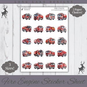 May include: A sticker sheet featuring twenty individual watercolor-style illustrations of red fire engines in various designs. The sheet includes the text LONG LAKE DESIGNS, FIRE ENGINE, www.longlakedesignsus.etsy.com, 2 Paper Choices!, and 3 Sizes!.