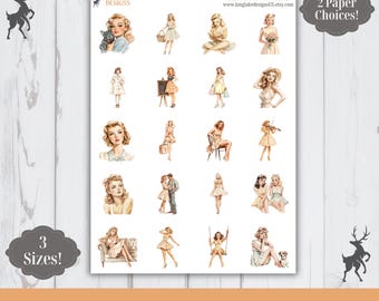 Beige Pin Up Girl Sticker Sheet, 20 People Weatherproof Stickers, 3 Sizes, 2 Paper Choices, Option to Laminate