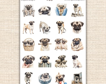 Pug Dog Sticker Sheet with 20 Durable  Stickers, Weatherproof Fun for Planners & Crafts, Adorable Dog Lover Gift