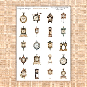 Puede incluir: Una hoja de ilustraciones de relojes antiguos en varios estilos, incluyendo relojes de bolsillo, cucús y relojes de pie. Los relojes son en tonos marrón, dorado y crema, con detalles intrincados. El texto en la hoja dice "VINTAGE CLOCKS".
