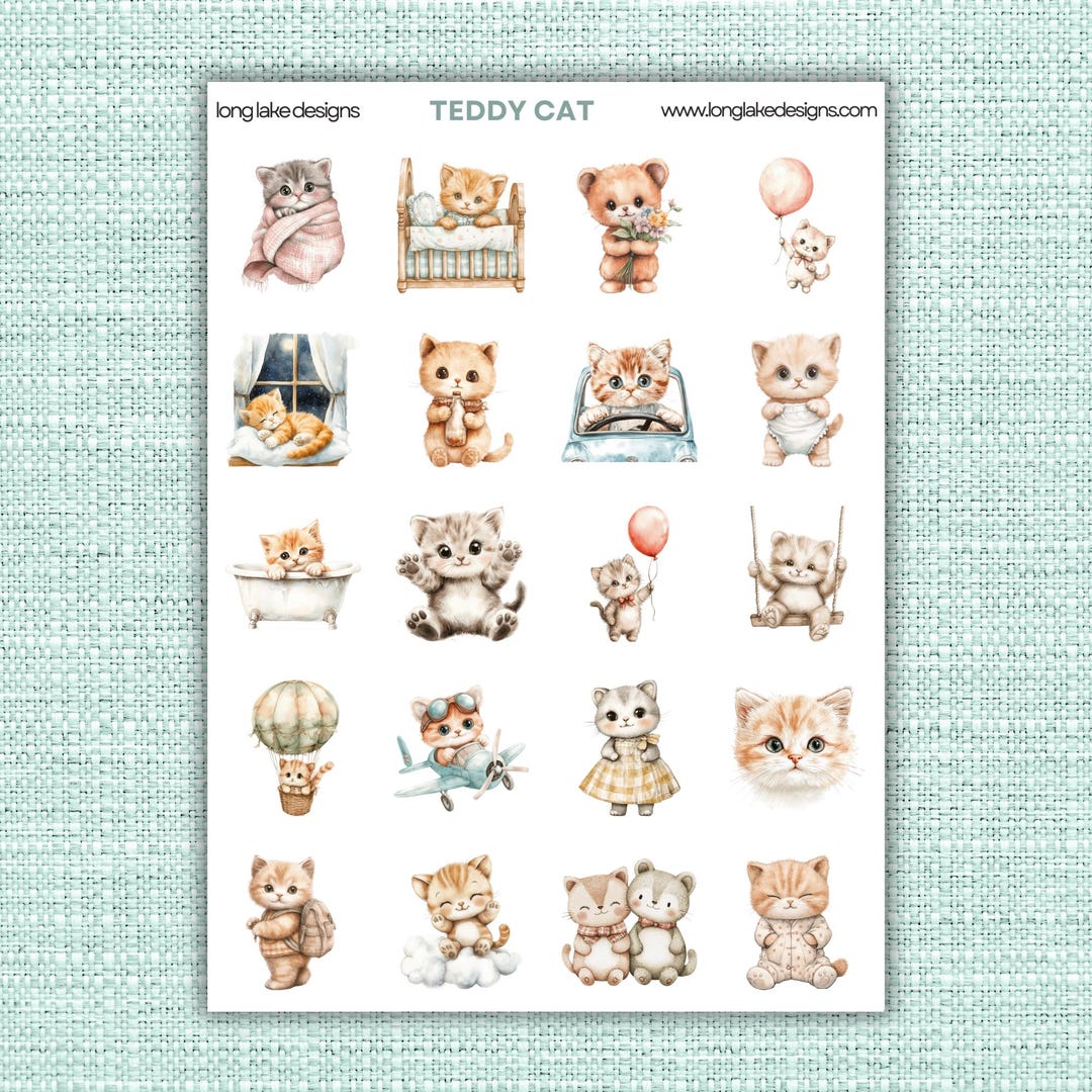 Teddy Cat Sticker Sheet, Adorable Weatherproof Vinyl Decal Set, Perfect ...
