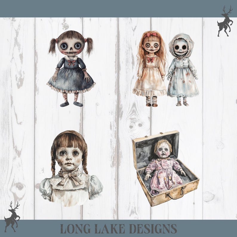 May include: A collection of five illustrated dolls featuring various outfits and expressions, including one doll inside an open suitcase. The dolls have detailed facial features and clothing, with the text LONG LAKE DESIGNS at the bottom.