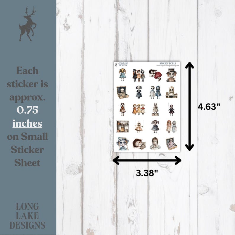 May include: A rectangular sticker sheet titled Spooky Dolls by Long Lake Designs featuring various illustrated doll characters. The sheet measures 8.59 cm by 11.76 cm, with each individual sticker measuring approximately 1.91 cm in size.