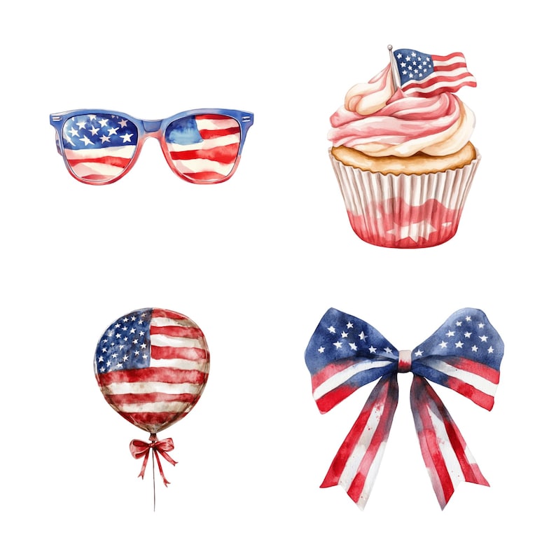 K&ouml;nnte beinhalten: Aquarellillustration patriotischer Artikel: Sonnenbrille, Cupcake mit Flagge, Ballon und Schleife. Die Artikel sind im Design der amerikanischen Flagge in Rot, Wei&szlig; und Blau gehalten.