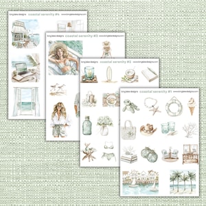 Juego de hojas de pegatinas Coastal Serenity, pegatinas laminadas con temática oceánica tranquila para diario y regalos creativos, pegatinas de vinilo duraderas