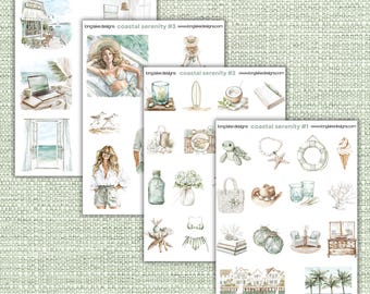 Coastal Serenity Sticker Sheet Set, 45 Ocean Laminated Weatherproof Stickers, 4 Sheets, Buy 3 Get 1 Free