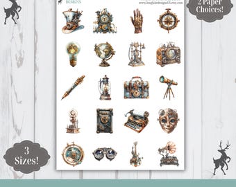 May include: A sticker sheet featuring twenty individual illustrations of mechanical objects including a top hat, clock, mechanical hand, compass, lightbulb, globe, telephone, radio, pen, lantern, trunk, telescope, typewriter, mask, goggles, and gramophone.