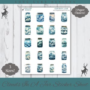 May include: A sticker sheet titled Clouds In A Jar by Long Lake Designs featuring twenty individual illustrations of glass jars filled with various blue and white cloud formations. The sheet includes text indicating 2 Paper Choices and 3 Sizes.