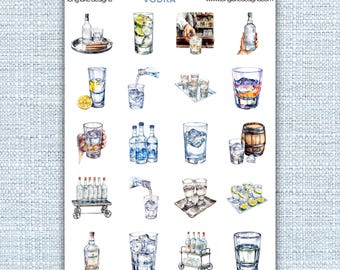 Wodka-stickervel, hoogwaardig vinyl weerbestendige stickers met 20 speelse ontwerpen, perfect voor barbenodigdheden en cadeaus voor cocktailfans