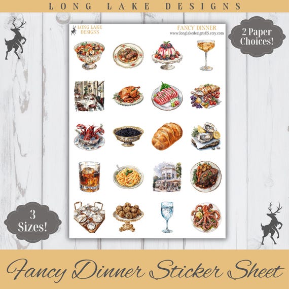 Fancy Dinner Sticker Sheet, 20 Food Weatherproof Stickers, 3 Sizes, 2 Paper Choices, Option to Laminate