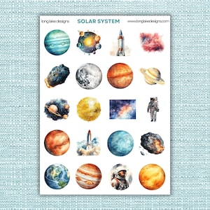 Hoja de pegatinas del sistema solar, pegatinas de vinilo duraderas con temática espacial para planificadores y manualidades, regalo ideal para los amantes del espacio.