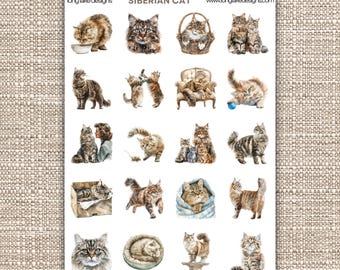 Siberian Cat Sticker Sheet, Waterproof Vinyl Laminated 20 Cute Cat Decals, Perfect for Laptops, Journals & Gift for Cat Lovers